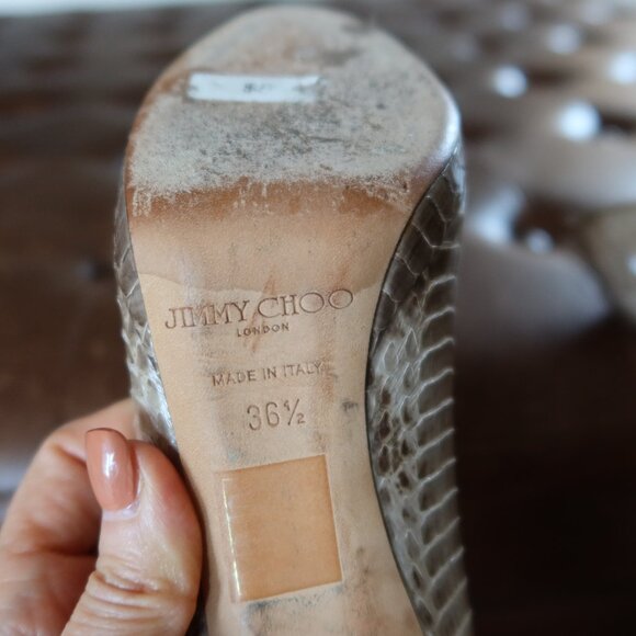 $895 Jimmy Choo peep toe platform snakeskin pumps in grey/green 36 1/2 ITALY - Picture 12 of 15